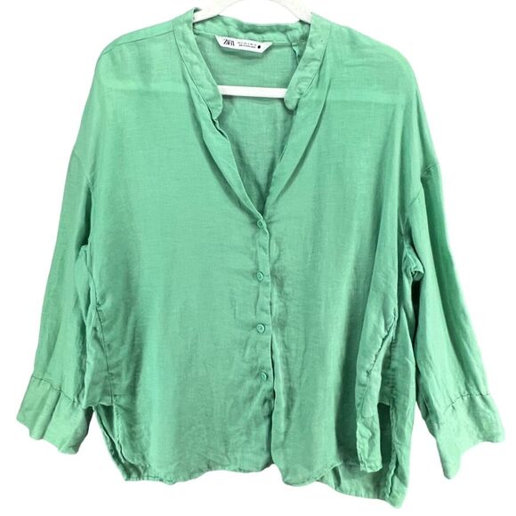Zara Linen Shirt Women M Mint Green Asymmetric Relaxed Blouse Beach Resort Top - Picture 2 of 11